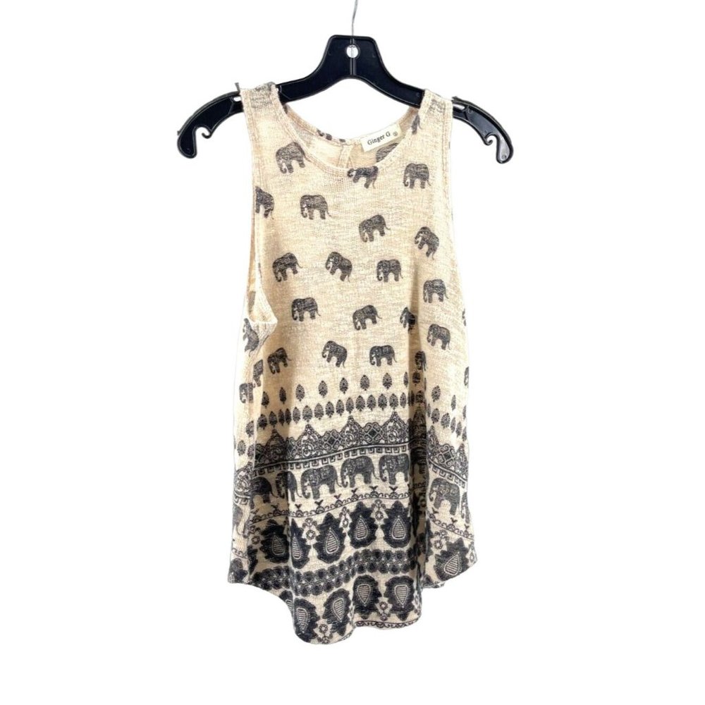 Ginger G Women's Beige Elephants Sleeveless Knit Tank Top Shirt Size Small
